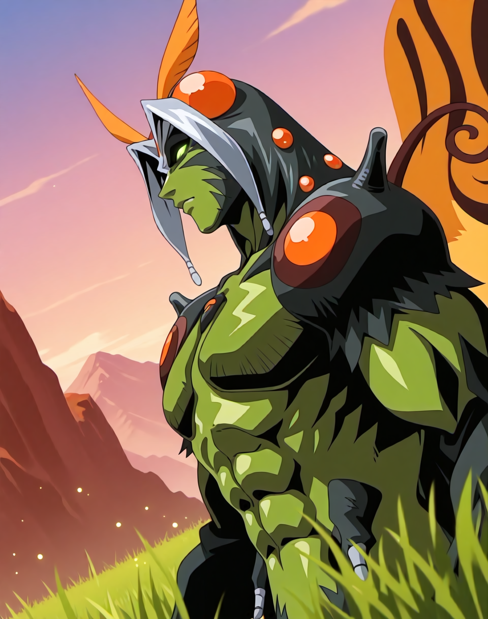 <lora:Ryokuga_(La_Blue_Girl_Returns)_(Illustrious)_(AD):1.35> Ryokuga, muscular, insect man, 
dutch angle, exterior, mountains, grass, 
male focus, gradient coloring, solo, close up, profile shot, green body, green face, villain, hyper muscular, large shoulders, large biceps, glowing eyes, abs, head turned to viewer, looking directly at viewer, 
BREAK very awe, aesthetically pleasing, masterpiece, best quality, amazing quality, very aesthetic, perfect depth of field shot, in'ei, 
Smooth Quality, lazympos, IllustQualXL_Pos,