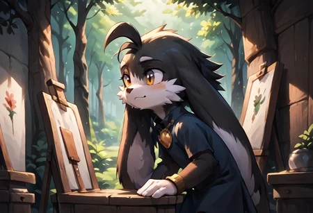 score_9, score_8_up, score_7_up, score_6_up, score_5_up, score_4_up, <lora:Klonoa_Character_PonyXL:0.8> , Klonoa, two long ears, fur, anthro, Klonoa, g5, rich colors, forest operations, forest, thicket, communal appearance , presents a painting of rabbits and pony, aroused, front view, detailed background, detailed, 8k quality, side view, beautiful, teasing, easel and brushes, leaned to the floor, freely actions, dress,