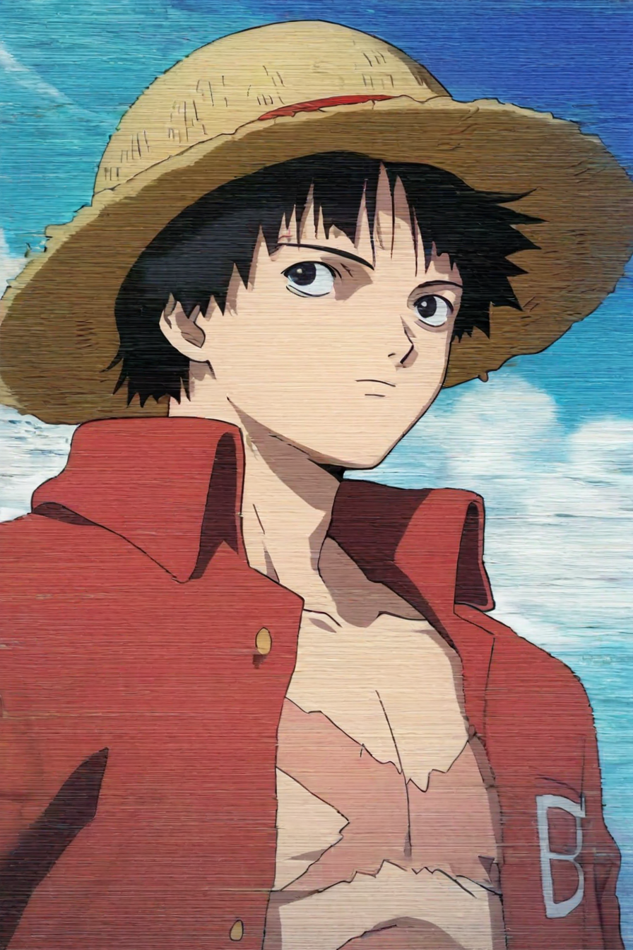 <lora:LUFFY_pony_XL:0.6>, (Luffy:0.5), red jacket, scar on chest, straw hat, black hair, 1boy, solo, alone,  <lora:serial_experiment_lain_style_illustriousXL:0.8>, serial_experiment_lain_style, scanlines, masterpiece, highres