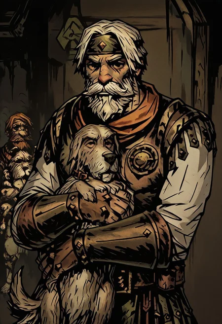 masterpiece, best quality, newest, absurdres, highres,  solo, solo focus, TTCSV1.0, DDstyle, official style, DD2Style-IL.V1.0
1boy, DDHM-V1.0, beard, facial hair, leather armor, dog, hound, mustache, headband, hugg, hugging, hugging dog, hugging pet, hugging animal


