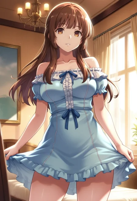 masterpiece, best quality, amazing quality,ayumi nonokura, brown eyes, brown hair, long hair, 1girl, solo,breasts,blue dress,collarbone,standing, looking at the viewer, cowboy shot, indoors, curtains, chandelier <lora:ayumi nonokuraV1:0.9>