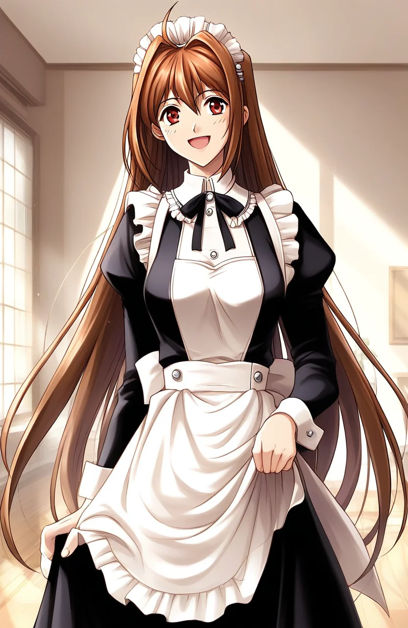 score_9, score_8_up, score_7_up, source_anime, rating_explicit, BREAKã <lora:Estelle_Bright_Retro_XL:1> Estelle_Bright, brown hair, long hair, red eyes, ahoge, brown eyes, very long hair, hair intakes, medium breasts,
solo, maid, apron, long sleeves, smile, transparent background, looking at viewer, skirt hold, open mouth, ribbon
cafe, room, flooring,
looking at viewer,
cowboy_Shot,