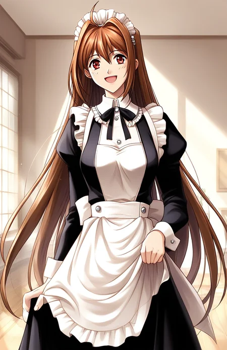 score_9, score_8_up, score_7_up, source_anime, rating_explicit, BREAKã <lora:Estelle_Bright_Retro_XL:1> Estelle_Bright, brown hair, long hair, red eyes, ahoge, brown eyes, very long hair, hair intakes,  medium breasts,
solo, maid, apron, long sleeves, smile, transparent background, looking at viewer, skirt hold, open mouth, ribbon
cafe, room, flooring,
looking at viewer, 
cowboy_Shot,