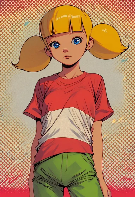 score_9, halftone effect, 1girl, solo,looking at viewer, sinozick style, penny \(inspector gadget\), shirt, stripe, green pants, blue eyes, blonde hair,