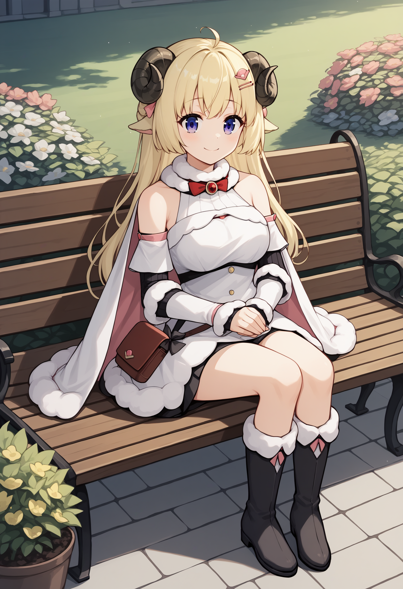 score_9, score_8_up, score_7_up, source_anime, tsdef, blue eyes, purple eyes, horns, sheep horns, sheep ears, ahoge, bangs, blonde hair, long hair, hairclip, hair ornament, bow, brooch, bare shoulders, dress, white sleeves, fur-trimmed sleeves, ribbed sleeves, pouch, cape, pink cape, fur-trimmed cape, black footwear, fur-trimmed boots, smile, breasts, outdoors, garden, sitting, bench<lora:TsunomakiWatameXL:1>