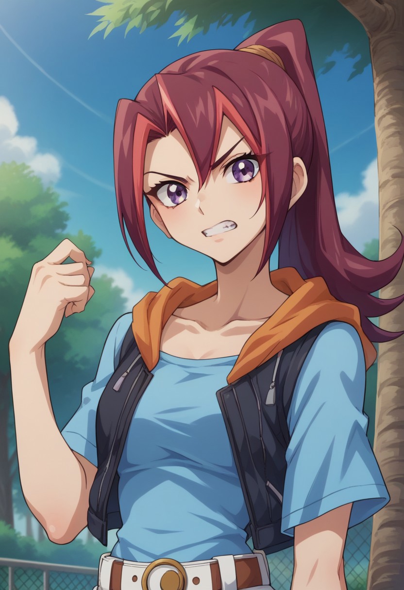 score_9, score_8_up, score_7_up, source_anime, highly detailed,
KariTsukumo, 1girl, solo, purple eyes, multicolored hair, two-tone hair, long hair,
red hair, shirt, ponytail, looking at viewer, blue shirt, belt, hood,
short sleeves, purple hair, bangs, upper body, collarbone, hoodie, vest,
teeth, clenched teeth, anger vein,
outdoor, sky, tree