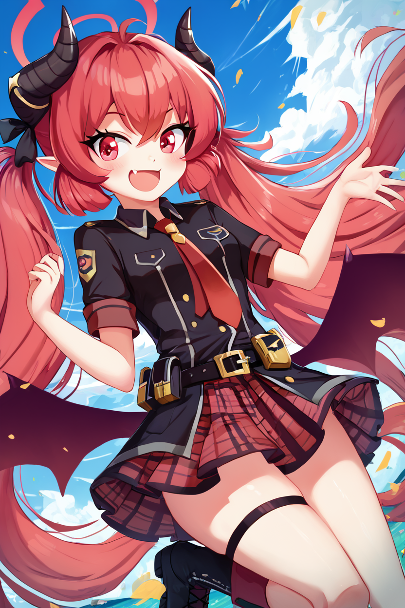 score_9, score_8_up, score_8, medium breasts, (curvy), cute, eyelashes,       BREAK, , ,,, zzJunko, red eyes, red hair,  red halo, horns, long hair, twintails, halo, demon horns, pointy ears, wings, hair between eyes, demon wings, very long hair, black horns, low wings,  ribbon black shirt, pleated skirt, red skirt, short sleeves, plaid skirt, red necktie, thigh strap, belt, fang, black footwear, boots, <lora:Junko_BlueArchive_PDXL:0.8>,   ,,,, BREAK, smile, looking at viewer, cowboy shot, ,,, embedding:zPDXL, <lora:theButcherXPDXL:0.8>,