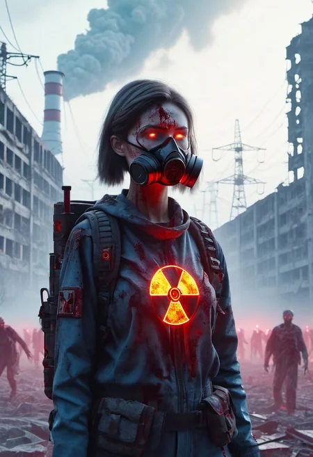 4D render, Chernobyl disaster, nuclear , Apocalypse, zombies, girl, detailed face, portrait, glowing x, blood, minimalist outfit, anti social ,cyberpunkartstyle,ruined ancient city,Professional styling, intricate details,8k post production, faithful, Religious denomination,