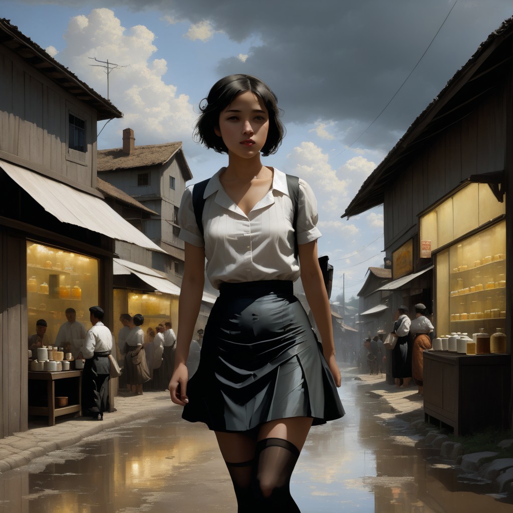 <lora:SDXL_MassiveCowsLoRA_v2E2:1> , (((classical oil painting))), ((Candid))), (((side view of short pretty  Japanese girl standing provocatively outside tea-shop in crowded village))), (leaning), (faded loose summer-top), (tiny skirt), ((black fishnet tights)), ((very-short hair)),  ((gelasin)),  (dramatic sky), puddles, pimps, soldiers, Intricate textures, (high detailed skin:1.7),