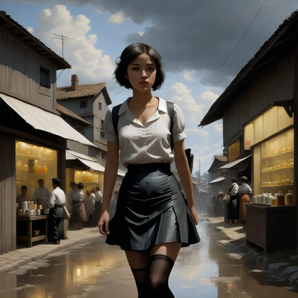 <lora:SDXL_MassiveCowsLoRA_v2E2:1> , (((classical oil painting))), ((Candid))), (((side view of short pretty Japanese girl standing provocatively outside tea-shop in crowded village))), (leaning), (faded loose summer-top), (tiny skirt), ((black fishnet tights)), ((very-short hair)), ((gelasin)), (dramatic sky), puddles, pimps, soldiers, Intricate textures, (high detailed skin:1.7),