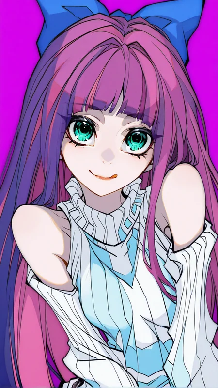 stocking_\(psg\), 1girl, solo, long_hair, looking_at_viewer, smile, bangs, simple_background, bow, bare_shoulders, blue_hair, upper_body, pink_hair, purple_hair, hair_bow, multicolored_hair, sleeveless, tongue, tongue_out, blunt_bangs, two-tone_hair, aqua_eyes, sweater, turtleneck, :p, ribbed_sweater, :q, colored_inner_hair, turtleneck_sweater, white_sweater, sleeveless_turtleneck, sleeveless_sweater