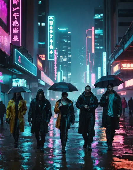 <lora:r0k00g00th:1>,r0k00g00th,r0kur3&l1tyHD. cyberpunk art,, a group of people walking down a street next to tall buildings in a city at night time with neon lights [2], prompt . ,weather, (extreme weather, Flooding:1.5) (excessive rain causing water overflow),
