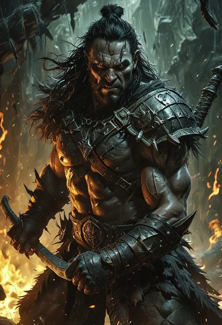 realistic, ((masterpiece)), ((best quality)), (detailed), cinematic, dynamic lighting, soft shadow, detailed outdoor landscape background, professional photography, depth of field, intricate, detailed face, subsurface scattering, Thulsa Doom in Conan the Barbarian, dark skin, sinister grin,teeth gritted, realistic hair, black hair with a short fringe, ponytail,, realistic eyes, muscular, manly, photo of a thuggish man, black leather armour, and black furs, dark medieval, fantasy, dynamic pose, fighting stance, holding a shiny weapon (40 years old), harness, NEG-fixl-2, musclebears, JuggernautNegative, action shot, great lighting,in an ancient frozen medieval landscape