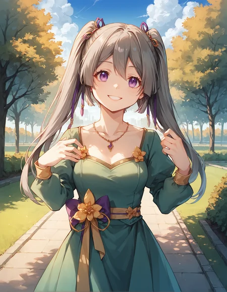score_9, score_8_up, score_7_up, score_6_up, smiling girl in dynamic pose at the park, source_anime, 1girl, masterpiece, best quality, cinematic lighting, upper body, medium shot, mgrctokimeshizuka, grey hair, purple eyes, yellow and purple hairpins, two side up, long green dress, juliet sleeves, necklace, light smile, outdoors, park, day, tree, sky, clouds, dynamic pose, <lora:mgrctokimeshizuka_XL:0.9>