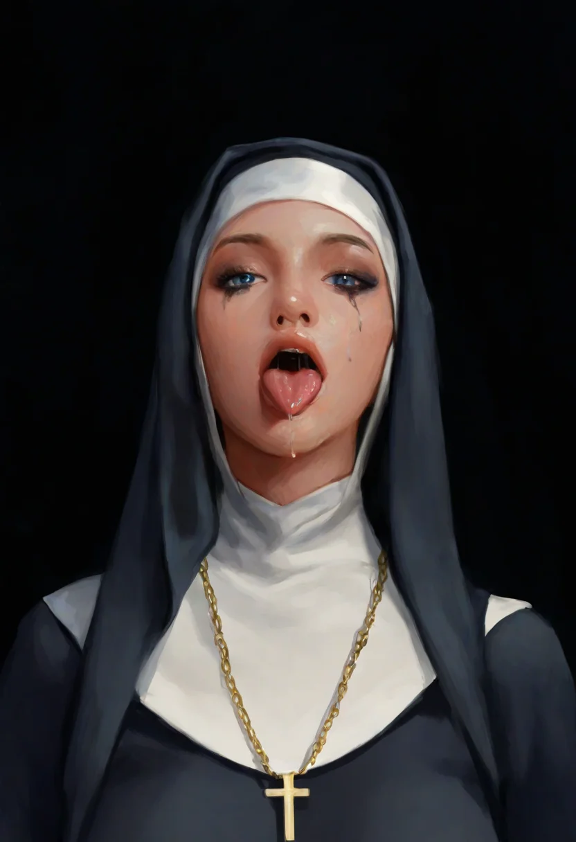 nsfw, mambas, masterpiece, semi-realism, painterly, best quality,, nun, faceshot, habit, messy mascara, big blue eyes, pov closeup of face, looking at viewer, tongue out, drool, dark background,