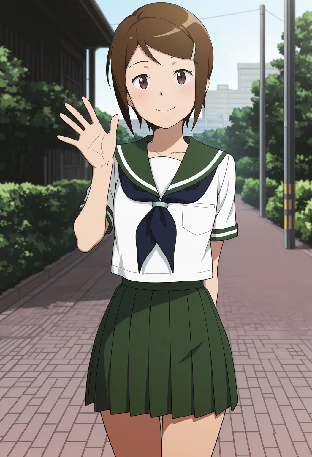 1girl,solo,mm,brown hair,short hair,brown eyes,hairclip,hair ornament,anime coloring,
shool uniform,serafuku,white shirt,looking at viewer, looking at viewer, waving, smile,outdoors,cowboy shot, arm behind back
,masterpiece,best quality,amazing quality,<lora:Hikari_Yagami-Digimon_Adventure_tri:0.9>