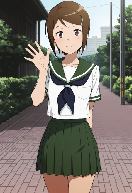 1girl,solo,mm,brown hair,short hair,brown eyes,hairclip,hair ornament,anime coloring,
shool uniform,serafuku,white shirt,looking at viewer, looking at viewer, waving, smile,outdoors,cowboy shot, arm behind back
,masterpiece,best quality,amazing quality,<lora:Hikari_Yagami-Digimon_Adventure_tri:0.9>