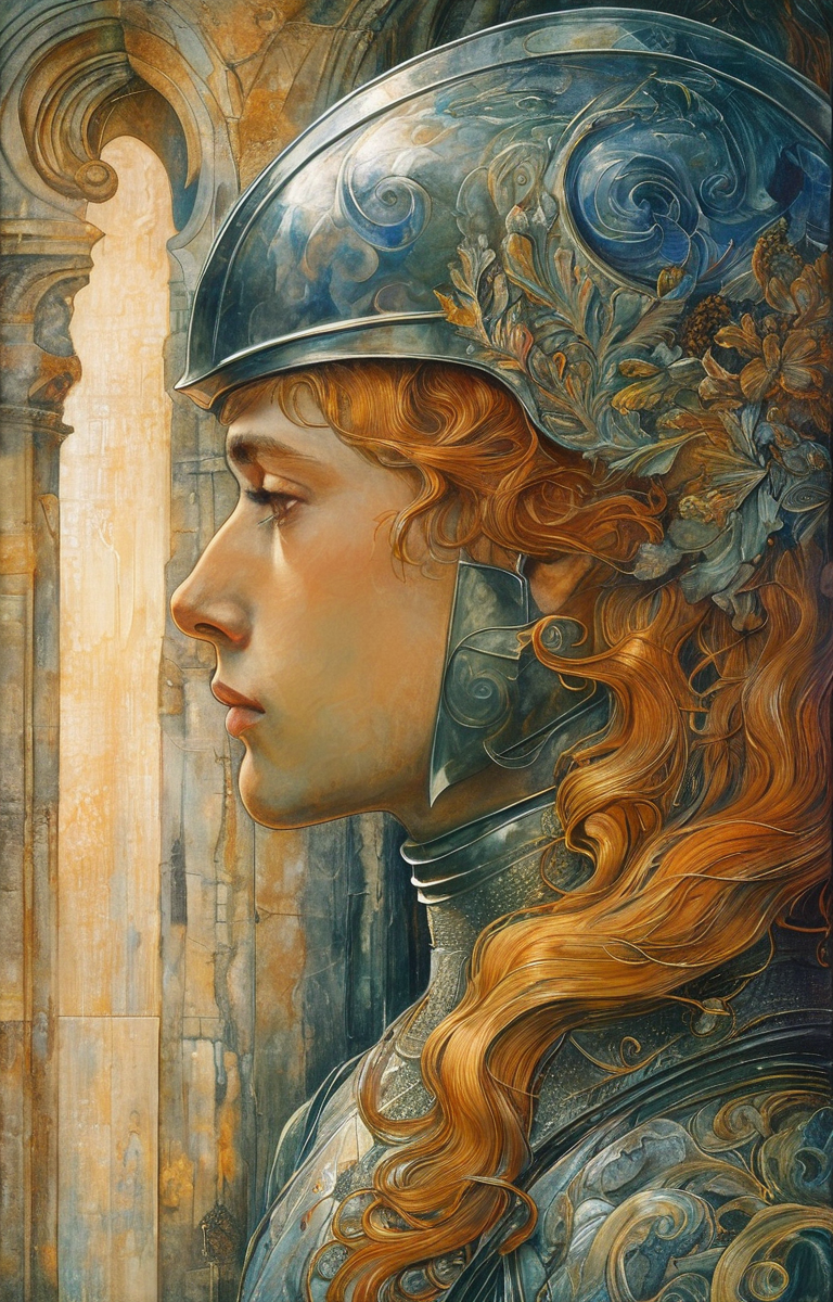 masterpiece,best quality,<lora:tbh140-sdxl:0.7>portrait of knight,illustration,style of Jean Delville,symbolism,colorful,