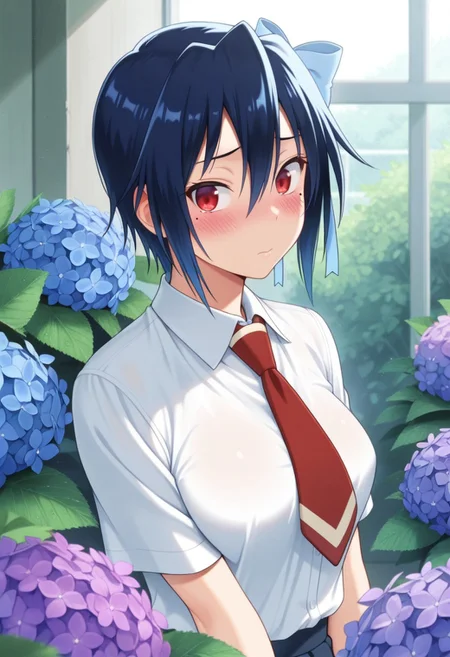 masterpiece,best quality,amazing quality, tsugumi seishiro, blue hair, short hair, red eyes, 1girl, solo, flower, hydrangea, necktie, hair ribbon, ribbon, school uniform, blush, mole, mole under eye