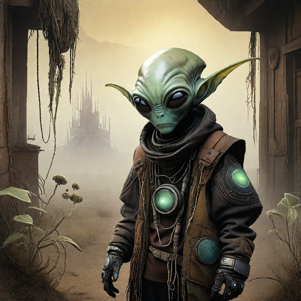 cheyenne, echelier, eulera, alien male, Hand-stitched gloves and patched fabric details, Cinematic concept art, Diffused natural light from unseen source, Hazy dreamlike fog in the background, Rustic Sci-Fi Earthtones alien_wanderer, <lora:artfully_YOUNGALIEN_SDXL:0.8>,