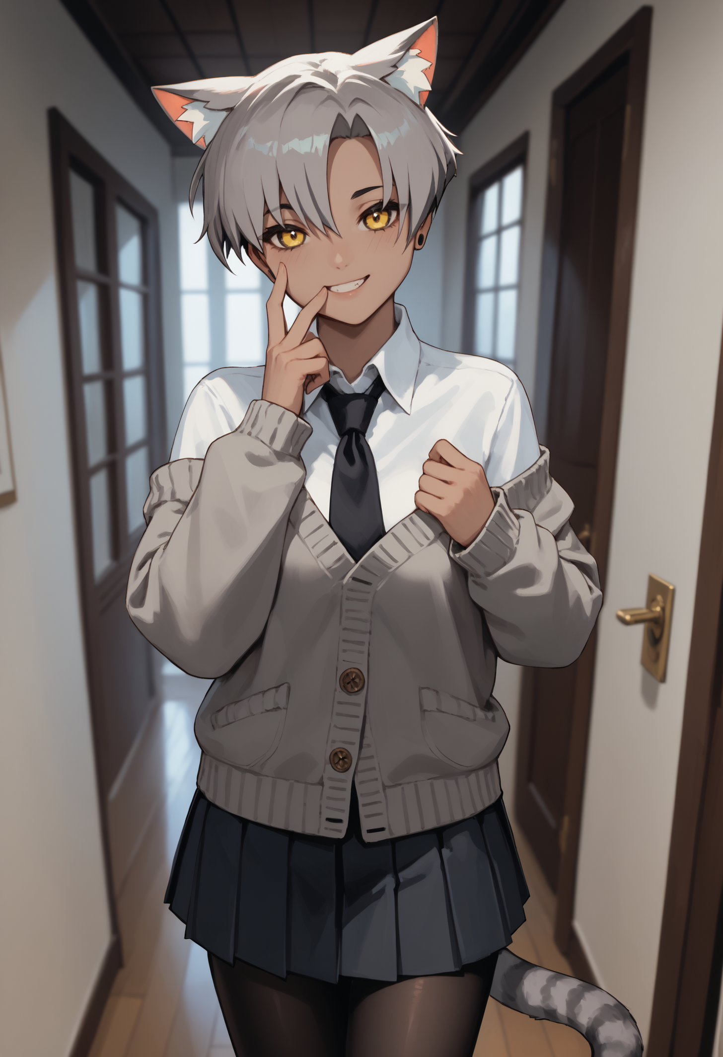 score_9, score_8_up, score_7_up, 1girl, KaraVert, dark-skinned female, animal ears, striped tail, grey tail, yellow eyes, grey hair, short hair, stud earrings, medium breasts, toned,
white shirt, collared shirt, black necktie, grey cardigan, off-shoulder cardigan, closed cardigan, pleated, black pantyhose, 
looking at viewer, smile, hand to chin,
indoors, halfway, corridor,
<lora:Kara-VertigrisPDXL_V1-Manityro-CAME:1.0>,
