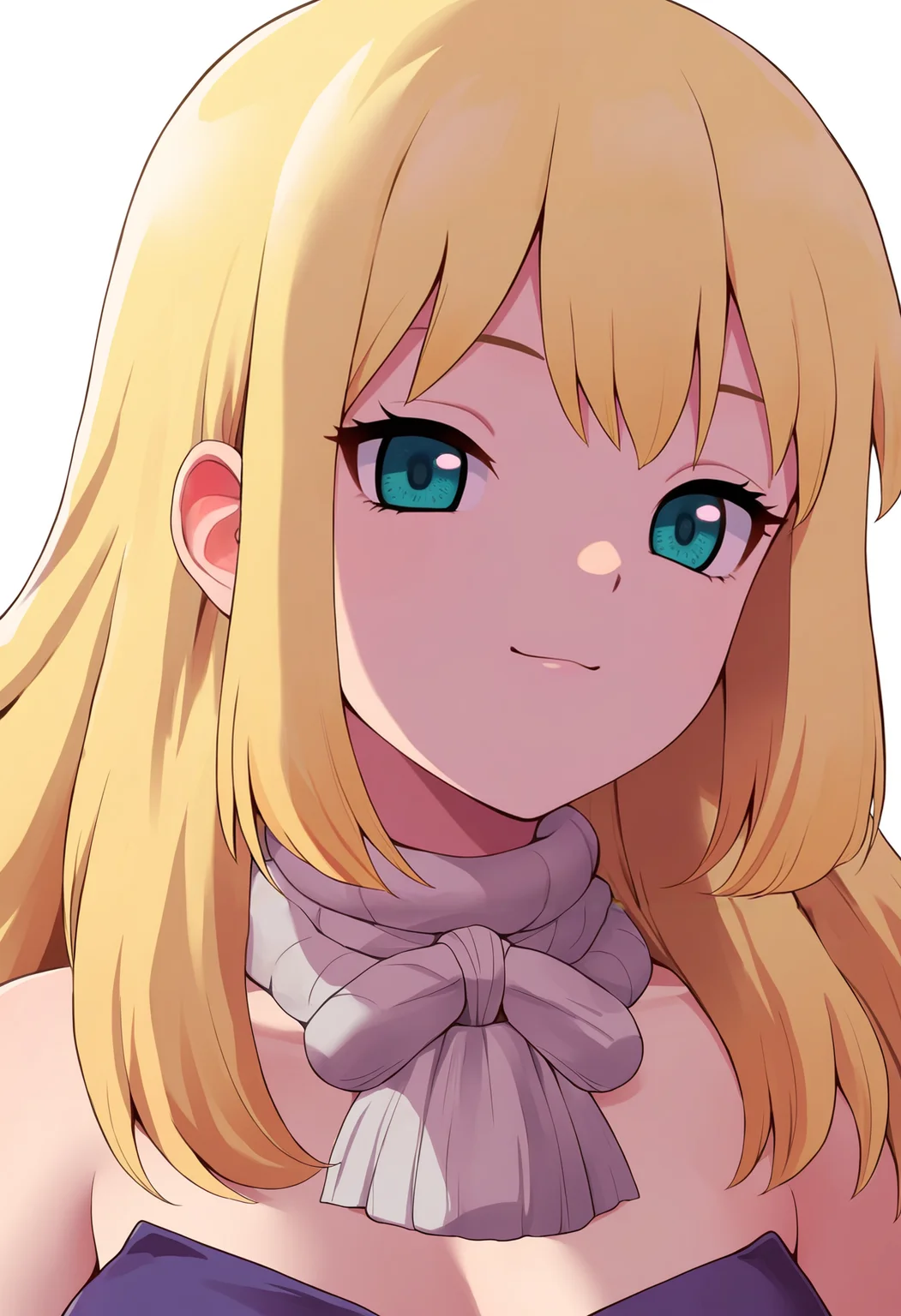 masterpiece, best quality, very aesthetic, absurdres,
1girl, ruri, blonde hair, long hair, aqua eyes,
purple dress, bare shoulders, strapless,
upper body, smile, portrait,
solo, looking at viewer, simple background, white background,   <lora:RuriNoobXL_byKonan:1>