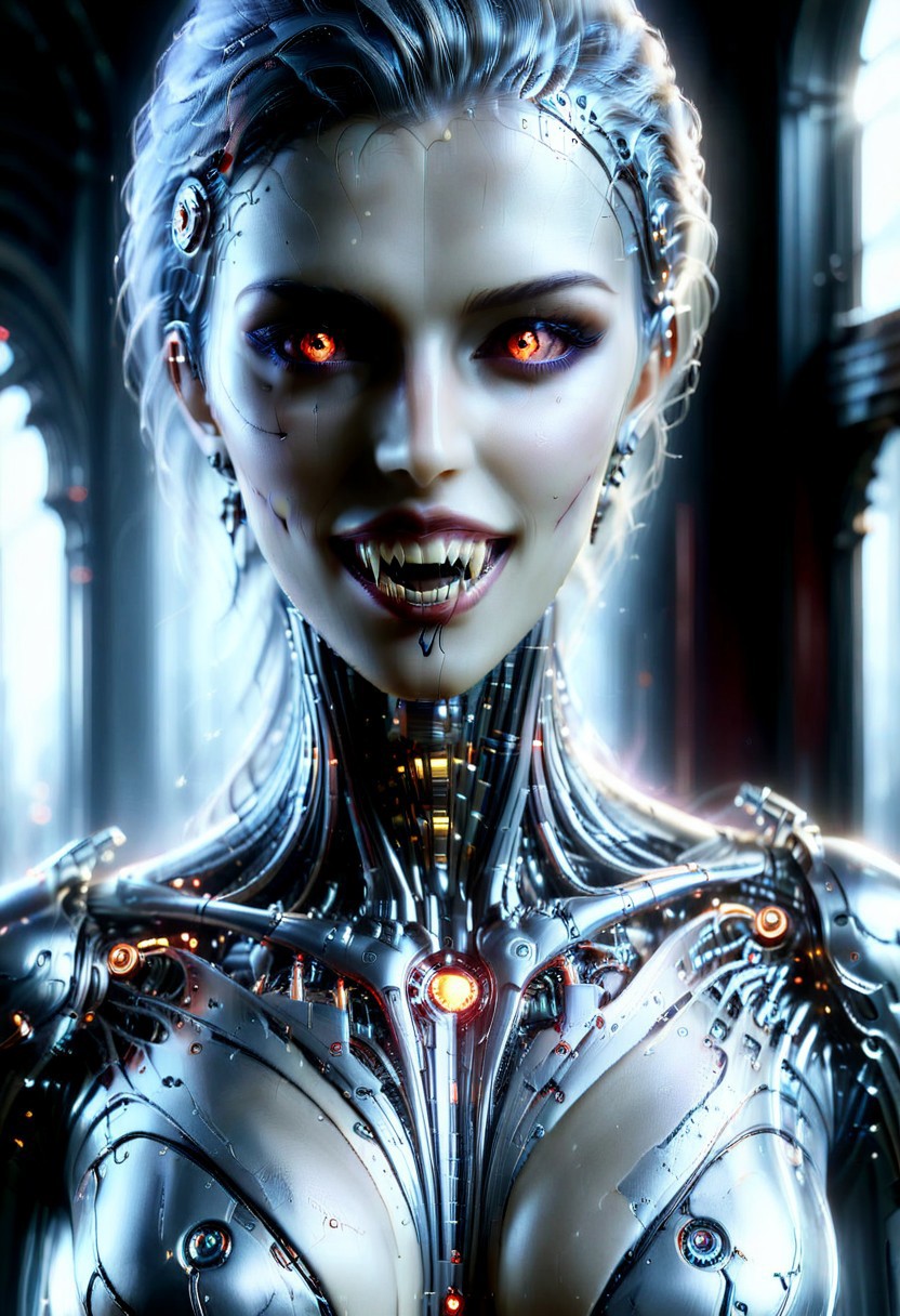 photorealistic, Ultra-HD-details, masterpiece.  Vampire 1girl, vampire style, smiles, open mouth, perfect fangs, ((silver color mechanical cyborg body, full robot body)), (dynamic pose), (realistic:1.0), (best quality real texture skin), full body, highly detailed skin, skin pores, (highly detailed face:1.0), (highly detailed eyes:1.0), realistic pupils, (perfect anatomy:1.0), (perfect proportions:1.0), (photography:1.0), (photorealistic:1.0), in the background a large cyber city, dynamic lighting, real shadows, (highres:1.0), sharp focus, daylight, (realistic, hyperrealistic:1.0), intricate, high detail, dramatic, big depth of field, vivid, harpened, ((full Sharp)), 8k hdr