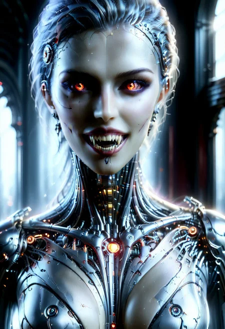 photorealistic, Ultra-HD-details, masterpiece.  Vampire 1girl, vampire style, smiles, open mouth, perfect fangs, ((silver color mechanical cyborg body, full robot body)), (dynamic pose), (realistic:1.0), (best quality real texture skin), full body, highly detailed skin, skin pores, (highly detailed face:1.0), (highly detailed eyes:1.0), realistic pupils, (perfect anatomy:1.0), (perfect proportions:1.0), (photography:1.0), (photorealistic:1.0), in the background a large cyber city, dynamic lighting, real shadows, (highres:1.0), sharp focus, daylight, (realistic, hyperrealistic:1.0), intricate, high detail, dramatic, big depth of field, vivid, harpened, ((full Sharp)), 8k hdr