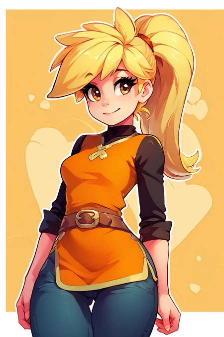 score_9, score_8_up, score_8, medium breasts, (curvy), cute, eyelashes, BREAK, , zzYellow, brown eyes, blonde hair, long hair, ponytail, bangs, orange tunic, brown belt, pants, <lora:Yellow_Pokemon_PDXL_v2:0.8>, , BREAK, smile, looking at viewer, abstract background, white outline, cowboy shot, embedding:zPDXL, Expressiveh, <lora:theOtherHalfPDXL:0.8>, <lora:CatalystStylePDXL:0.6>, <lora:SDXLFaeTastic2400:0.5>, <lora:Expressive_H-000001:0.4>,