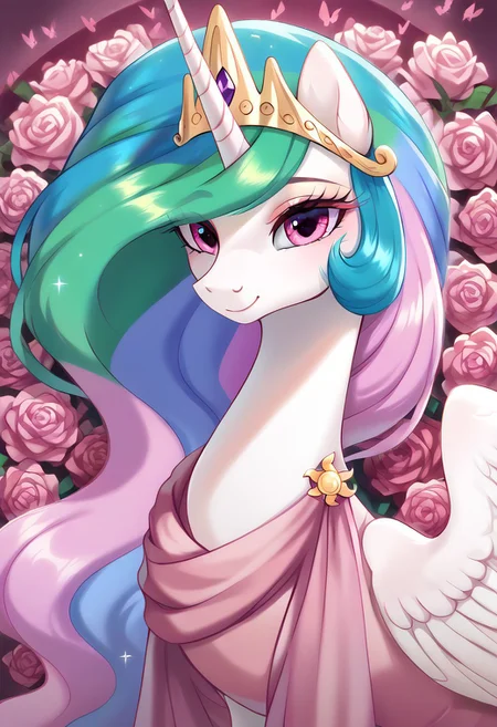 masterpiece, score_9, score_8_up, score_7_up, score_6_up, (best quality:1.1), ultra-detailed, high resolution, (solo), (1GIRLS), (GODDESS CELESTIA), (ALICORN), pony, feral, horn, portrait, (beautiful detailed pink eyes), (long turquoise purple pink blue hair), (four tone hair), Long eyelashes, (shy smile), ((pink floral background)), (pink butterflies), (pink roses all around her), high quality, sharp, the quality of ai art is frightening, highly detailed, Highly Visible, sharp focus, perfect lighting, anatomically correct, extremely detailed, shine on body, high detail, cute, Expressiveh, detailed background, OverallDetail, zPDXL2, (pink dress)