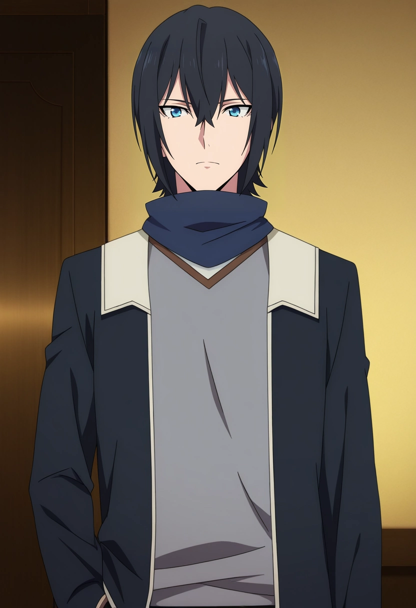 masterpiece, best quality, anime screencap, official style, anime coloring, cowboy shot, 1boy, solo, male focus, <lora:ren_amaki_ilxl:0.9>, ren_amaki, black hair, blue eyes, hair between eyes, , ,