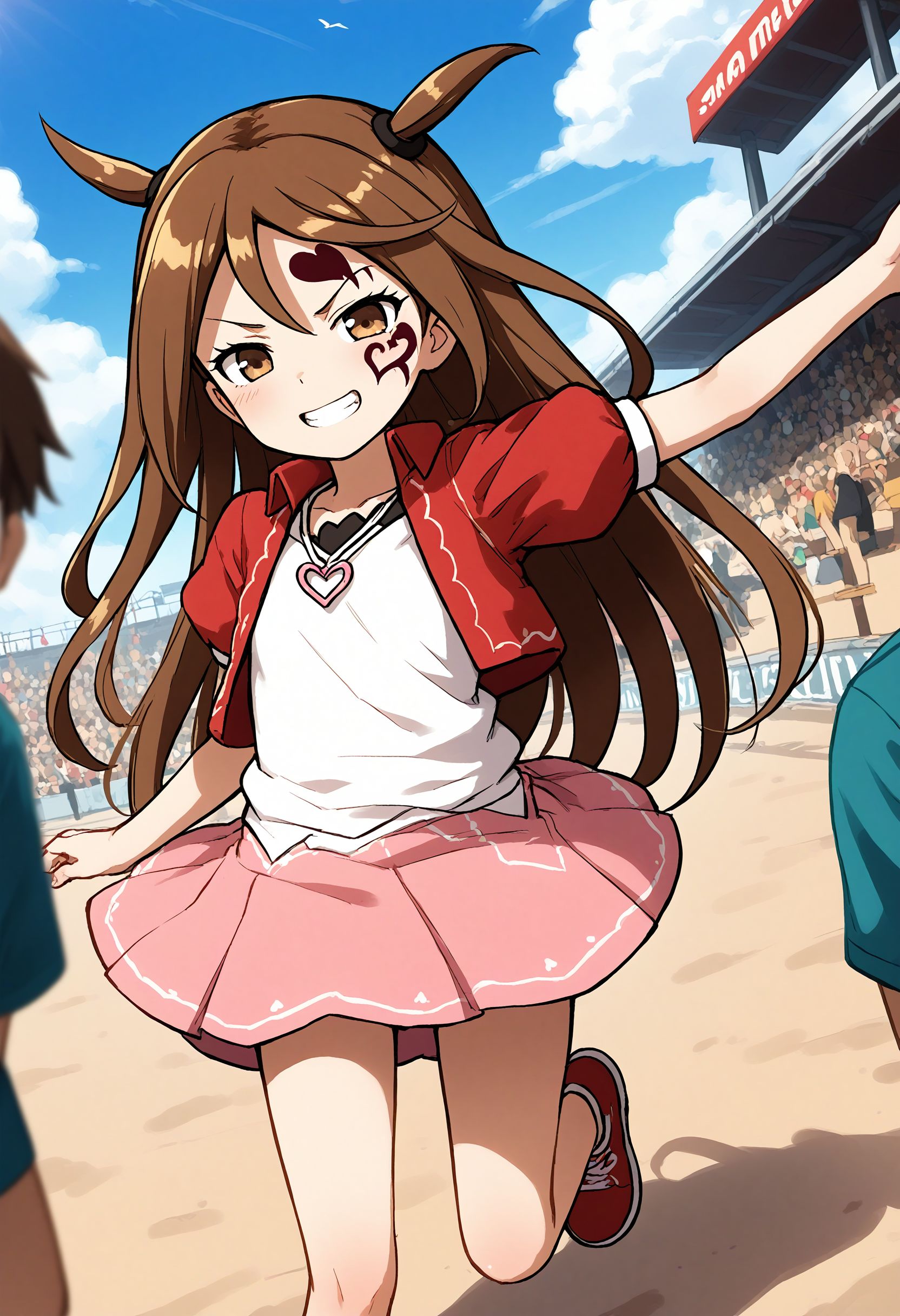 <lora:Hyper-SDXL-8steps-lora:1> <lora:Fixhands_anime_bdsqlsz_V1:1> zPDXL2, score_9, score_8_up, score_7_up, source_anime, intricate details, perfect anatomy BREAK
outdoors, beach, ocean, audience, crowd, standing on one leg, downpants, Sensual, A deep, intense gaze, a slow, deliberate smile, and a relaxed posture., dynamic angle, 
1girl, solo, solo focus, 
<lora:MK-kagamitina_XL(pony)v10:1> mk-kagamitina, brown hair, long hair, two side up, brown eyes, facial tattoo, heart necklace, white shirt, red jaket, pink skirt, red shoes,