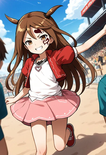 <lora:Hyper-SDXL-8steps-lora:1> <lora:Fixhands_anime_bdsqlsz_V1:1> zPDXL2, score_9, score_8_up, score_7_up, source_anime, intricate details, perfect anatomy BREAK
outdoors, beach, ocean, audience, crowd, standing on one leg, downpants, Sensual, A deep, intense gaze, a slow, deliberate smile, and a relaxed posture., dynamic angle, 
1girl, solo, solo focus, 
<lora:MK-kagamitina_XL(pony)v10:1> mk-kagamitina, brown hair, long hair, two side up, brown eyes, facial tattoo, heart necklace, white shirt, red jaket, pink skirt, red shoes,