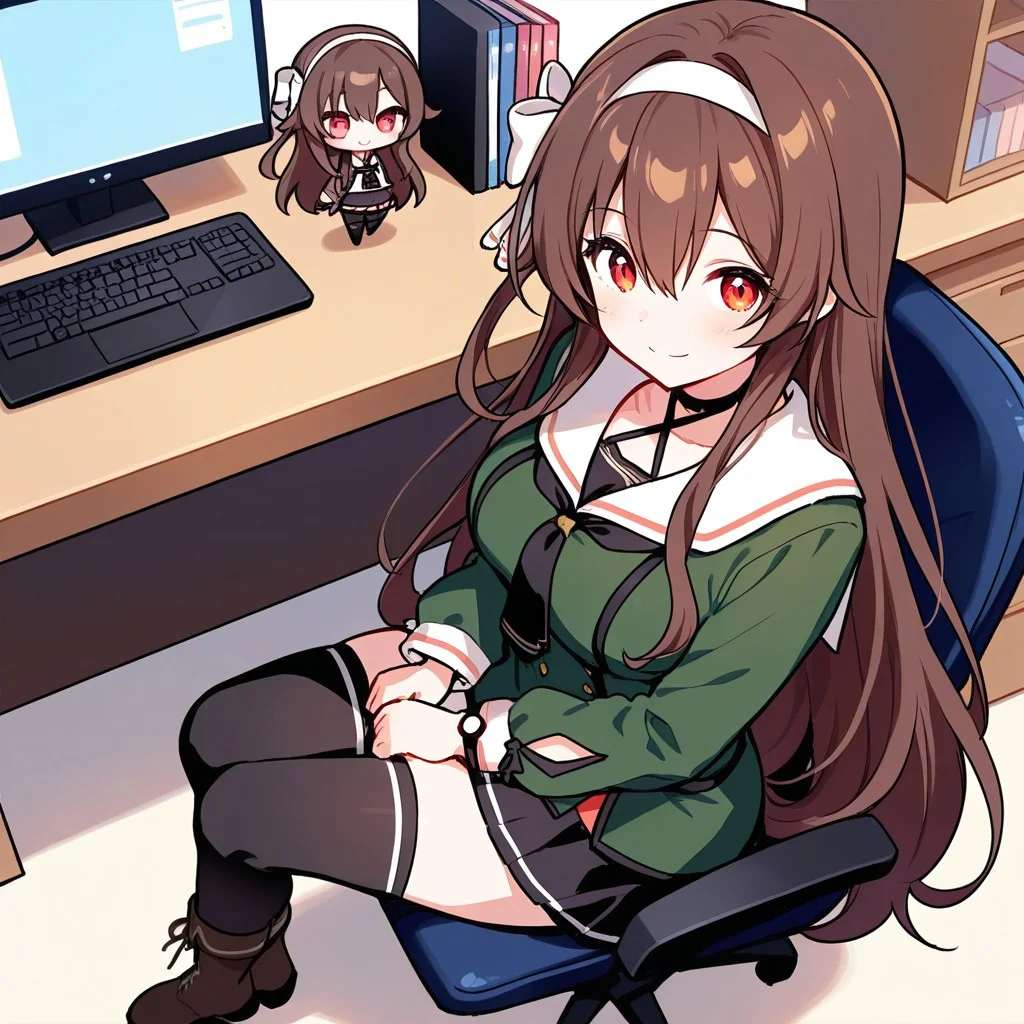 masterpiece, high score, great score, absurdres, no blur, perfect anatomy, solo, chibi, YaezawaNatoriDotLive, very long hair, brown hair, red eyes, eyelashes, white hairband, hair bow on right side, black choker, criss-cross halter, black neckerchief, white sailor collar, green shirt, long sleeves, black skirt, miniskirt, black thighhighs, boots, light smile, indoors, room, sit on chair, computer, watch, from above, from side