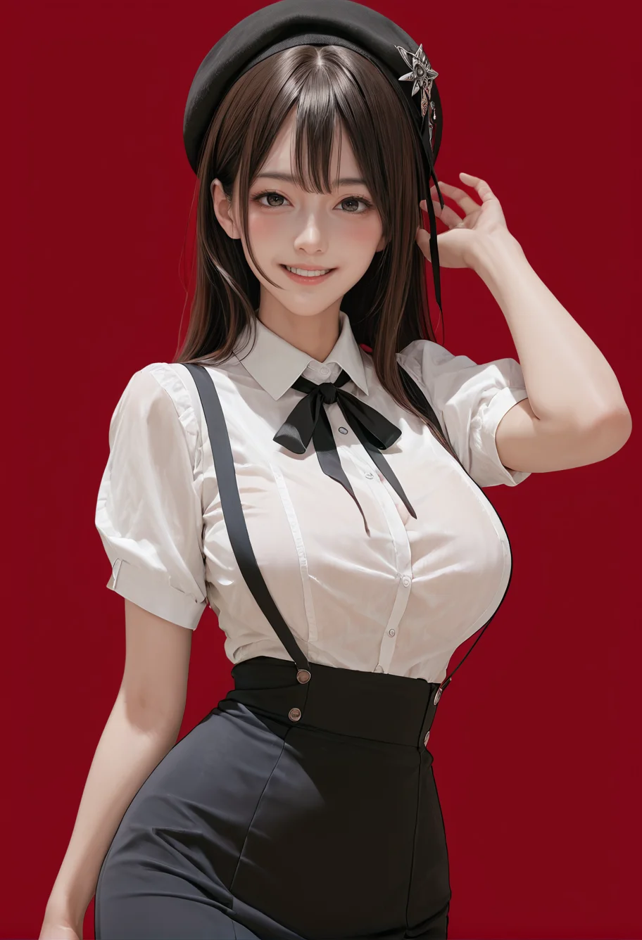 1girl,solo,red background,,ruanyi0902,beret,black ribbon,collared shirt,black pantyhose,high-waist skirt,white shirt,suspenders,
cowboy shot,<lora:0902 Home wear 5_v1_pony:1>, score_9, score_8_up, score_7_up, score_6_up, score_9, score_8_up, score_7_up, score_6_up source_anime, blush, 1girl, seduce smile, perfect body , natural huge breasts