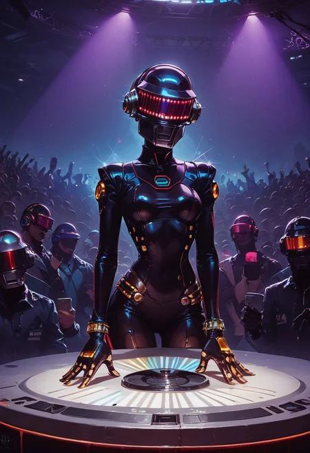 score_9, score_8_up, score_7_up, rave, helmet, skintight bodysuit, dj, Tron, mix table, concert, linear laser light show, crowd, dark tone, bright lasers, edm, edm concert, edm turntable, high energy, edm mix, laser beams, neon light show, highly detailed, intricate, zzCitronLegacy, daft punk, daft punk helmet, 1girl, adult