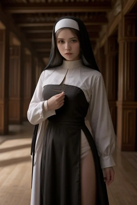 score_9, score_8_up, score_7_up, score_6_up, 1girl, solo, nun, priestess, fantasy style, standing, looking at viewer, cowboy shot, indoor, background temple,