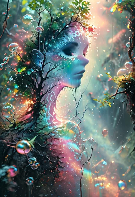 A whimsical tree made entirely of transparent soap bubbles, iridescent spheres forming the trunk, branches, and leaves. 
Sunlight filtering through the bubbles, creating rainbow reflections. Floating in a surreal, misty background. Hyper-detailed, digital art, fantasy concept art. 
Vibrant colors, magical atmosphere, ethereal glow. Bubbles of varying sizes, some bursting and releasing tiny sparkles. 
Dark fantasy fantastical scene, horrorful digital painting,colorful painting,beautiful gorgeous digital art,style of greg rutkowski,janek sedlar,jenny saville