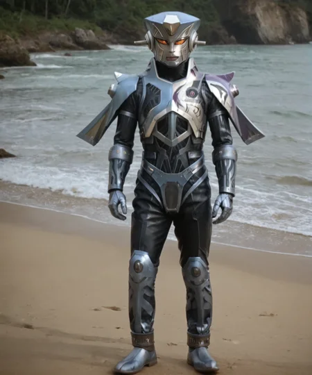 <lora:Algolian_Whinsky V3:0.75> evilywhinsky, mecha, female, no humans, armor, solo, boots, helmet, orange eyes, large breasts, full body, realistic, photorealistic, score_9, score_8_up, score_7_up, (SUBJECT), high contrast, film grain, Rim Lighting, masterpiece, best quality, high quality, realistic anatomy, 4k, highres, 8k, BREAK, detailed skin, detailed face, centered, hyperdetailed, extremely detailed, Ultra-realistic, ultra quality, 8K UHD, photorealism, hyperrealism, attention to details, zPDXL3, looking at viewer, standing, standing on ground, outdoors, beach, water