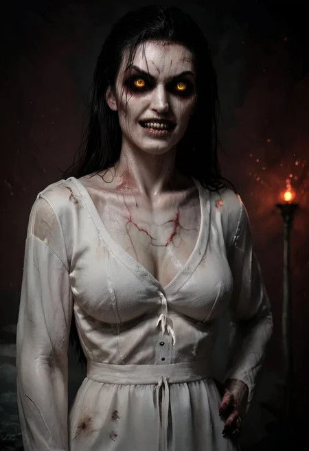 score_9, score_8_up, score_7_up, score_6_up, source_real, source_photo, a 3/4 three-quarters length portrait, WitcherToxinV1 , heavytoxin, veins, black veins, veins, 1girl, deadite woman , female deep one, valak, source_real, source_photo, in the style of the Exorcist movie, exorcist style, a possessed woman, bloodless lips, valak, Body horror, pale body, yellow eyes, long black hair, grey skin, black veins, monster, scary, paranormal, pale, black veins, long tangled black hair, teeth, hands on hips, front view, very pale skin, very pale grimy filthy skin, evil smile, demonic possession. Evil smile, a possessed woman,, yellow eyes, large breasts, hands by side, floating in mid-air, floating above ground, stained filthy white open old-fashioned stained filthy tattered nightgown, stained filthy basic Victorian nightgown, long nightgown,long sleeves, black pupils,  red lighting, bedroom with peeling wallpaper, horror, scary face, monstrous, evil, claws, red lighting, Expressiveh, g0thicPXL, glowing, neon,, zPDXL2, exorcist style
