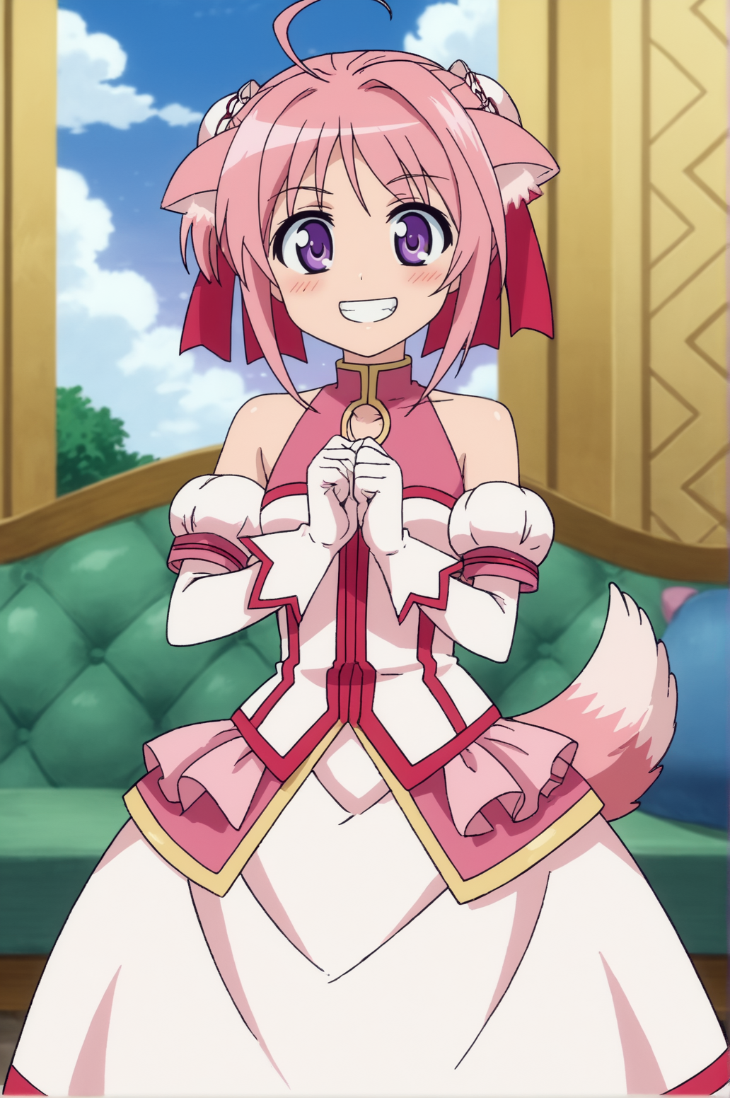 score_9, score_8_up, score_7_up,anime_source, source_anime, best background, detailed background, anime screencap,  Millhiore, 1girl, gloves, dress, grin, blush, v fingers, victory fingers, tongue out, indoors, <lora:JN_Firianno_Biscotti_Millhiore:0.8>