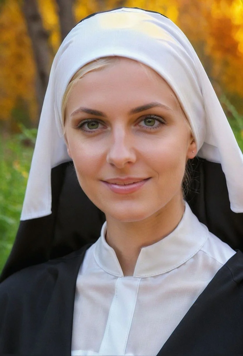 portrait, Detailed face, Woman wearing nun outfit in nature, 35 years old