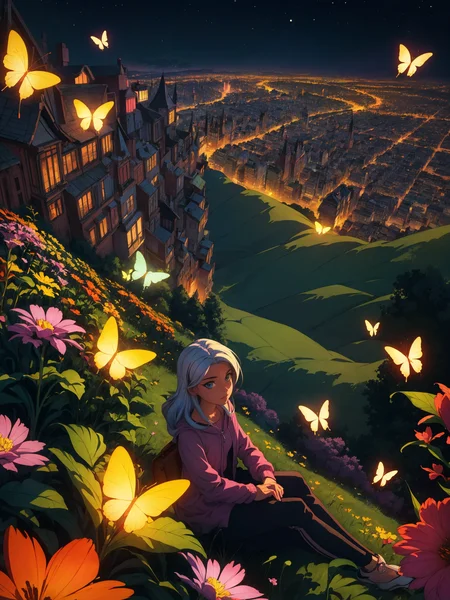 <lora:add_detail:0.5> <lora:backlight_slider_v10:-1.2>, (toon \(style\):1.5),
cartoon style, extremely detailed, complex composition, woman sitting on a hillside, glowing flowers, butterflies, night scene, city lights in the distance, exaggerated background detail, vivid colors, intricate textures, dynamic lighting, whimsical atmosphere