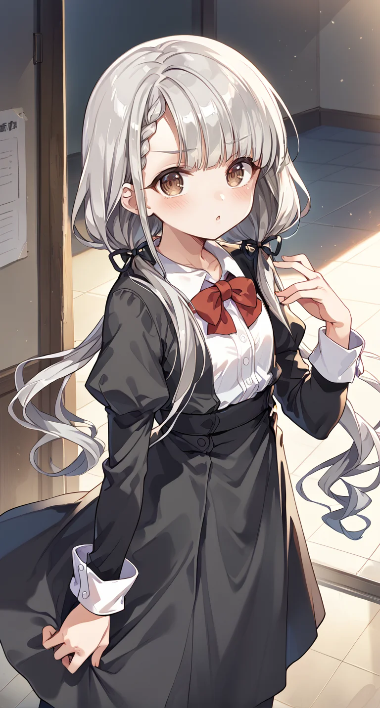 score_9,score_8_up,score_7_up,
official art,official style,game cg,megami magazine,
uncensored,
1girl,
hskwng school,hisakawa nagi,
asymmetrical bangs,bow,bowtie,braid,braided bangs,grey hair,hair ribbon,
juliet sleeves,long hair,long sleeves,puffy sleeves,red bow,red bowtie,ribbon,
twintails,black ribbon,blush,(brown eyes:0.8),collared shirt,
dress shirt,low twintails,shirt,skirt,white shirt,
black jacket,black skirt,black dress,
dress,
eyebrows visible through hair,
standing,
<lora:idolmaster_hisakawa_nagi_pony_v1.1:1>,