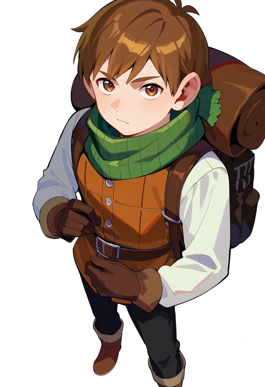 score_9,score_8_up,score_7_up,score_6_up, source_anime,
chilchuck, chilchuck original outfit, solo, short hair, brown hair, long sleeves, 1boy, brown eyes, dungeon meshi, white shirt, male focus, boots, belt, black pants, brown gloves, brown footwear, leather vest, green scarf,
bag, backpack,
looking at viewer,
standing, from above, cowboy shot,
white background, simple background,
masterpiece, best quality, very aesthetic, absurdres
<lora:dungeon_meshi_collection_v23:1>