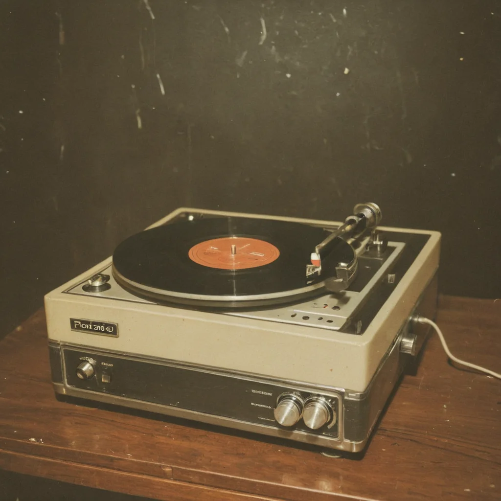 polaroid film photography, faded film, soft focus, vintage record player