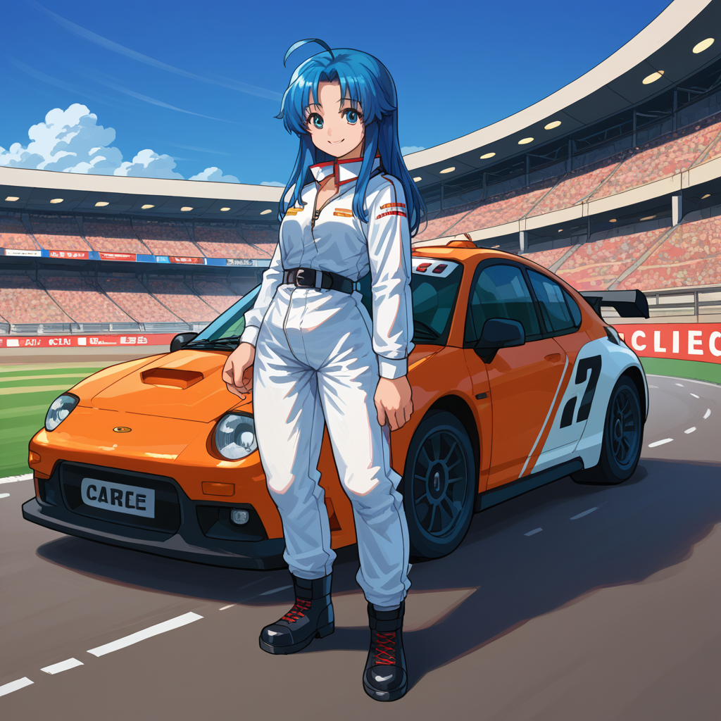 score_9, score_8_up, score_7_up, source_anime BREAK 1girl, solo, full body, standing, race car, stadium, road, CCClarice, smile, ahoge, white jumpsuit,boots, belt,<lora:CCClarice_PDXL-000005:1>