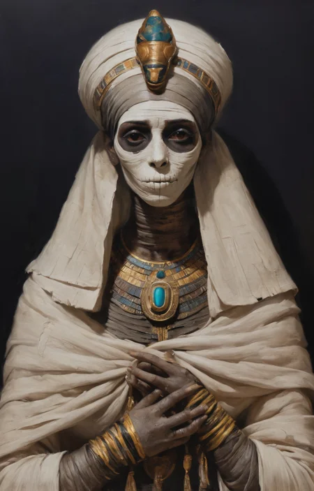 a colorful painting of a (woman wearing a mummy halloween outfit:1.3), extreme close-up, halloween theme aesthetics, embalming linen wraps, head wraps, egyptian scarab brooch, ancient egypt, in the style of nicola samori <lora:NicolaSamori:0.8>
