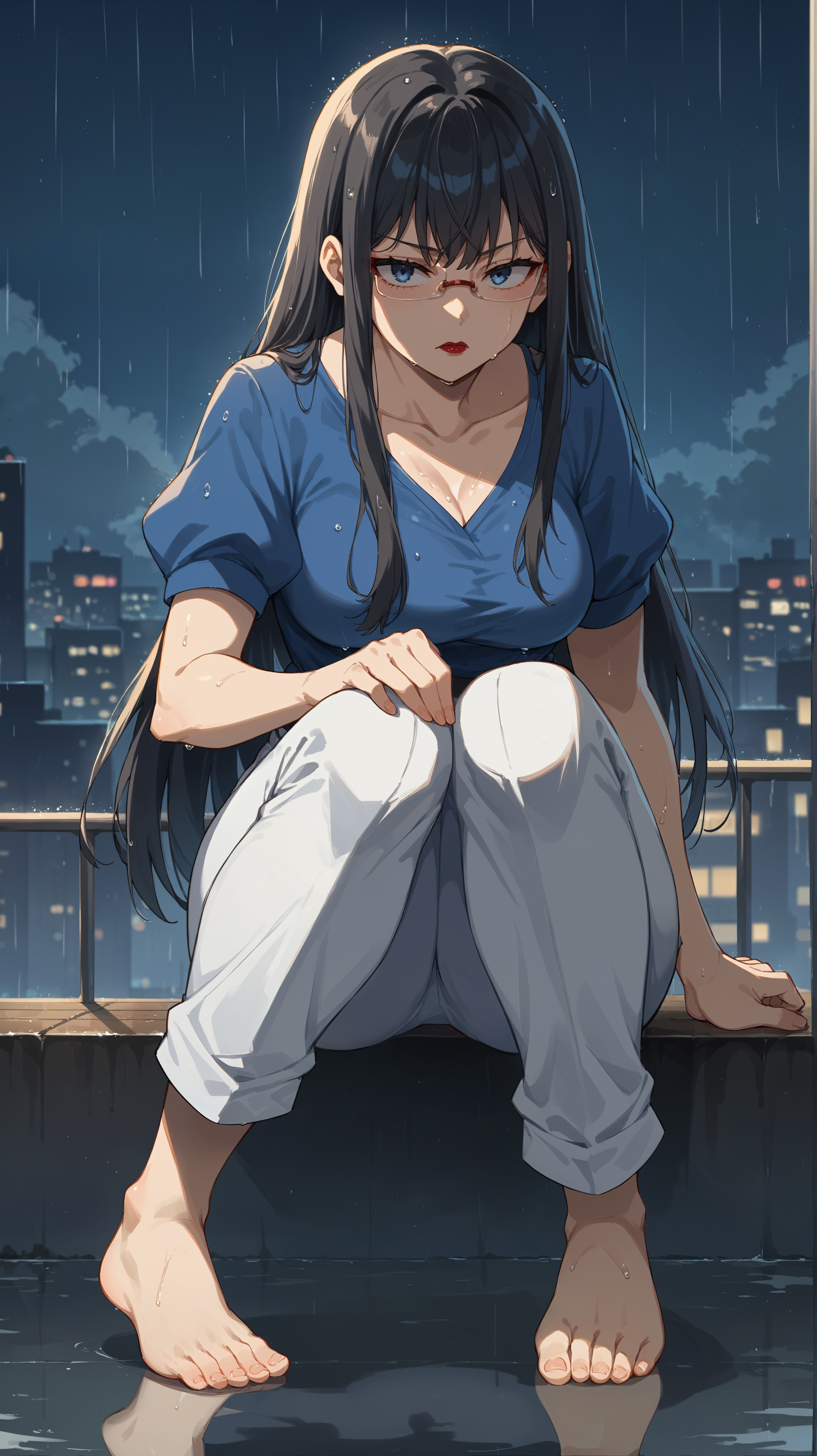 score_9,score_8_up,score_7_up,score_6_up, <lora:xl_more_art-full_v1:0.5>, source_anime, woman, dynamic pose, knees apart feet together,  <lora:Touko Kanbayashi - Pony-000004:0.8>, glasses, long hair, black hair, dark blue eyes, blue shirt, short sleeves, white pants, red lipstick, tired eyes, tokyo, modern city, skyscrapers, reflection, raining, night city, wet hair, night time, solo,