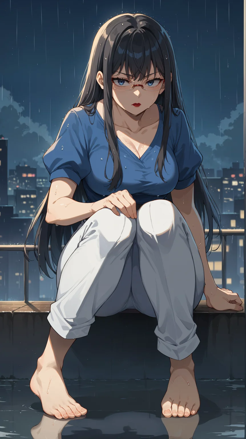 score_9,score_8_up,score_7_up,score_6_up, <lora:xl_more_art-full_v1:0.5>, source_anime, woman, dynamic pose, knees apart feet together, <lora:Touko Kanbayashi - Pony-000004:0.8>, glasses, long hair, black hair, dark blue eyes, blue shirt, short sleeves, white pants, red lipstick, tired eyes, tokyo, modern city, skyscrapers, reflection, raining, night city, wet hair, night time, solo,